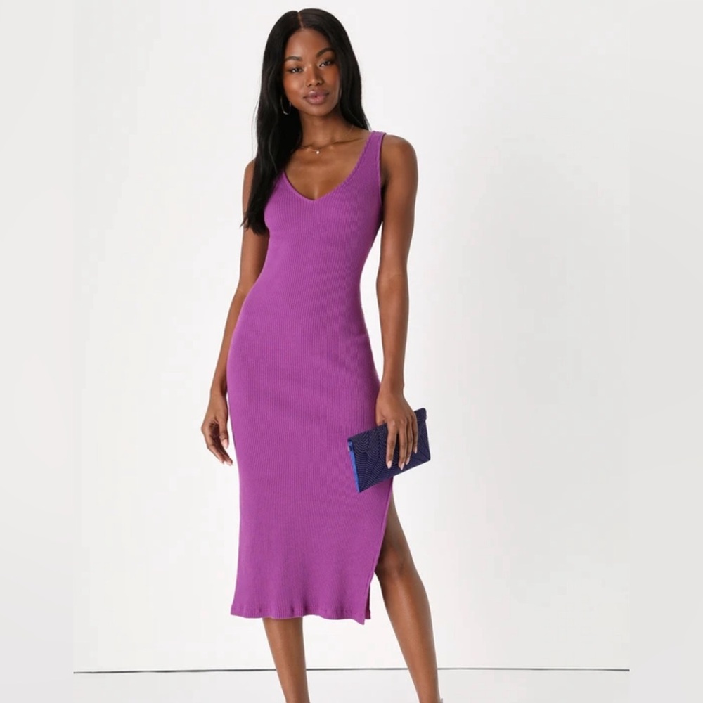 Lulus Beauty in Simplicity Purple Ribbed Bodycon Midi Dress - Size S